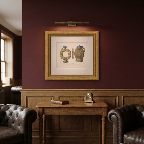 German Earthenware Jugs, Sixteenth Century, Antique Print, 1851, shown framed in a room