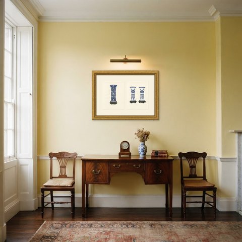 Kang-he Blue and White Beakers, Pair of Antique Color Plates, 1911, shown framed in a room
