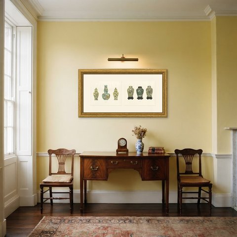 Yellow and Green Ground Jars, Two San Ts'ai Color Plates, 1911, shown framed in a room