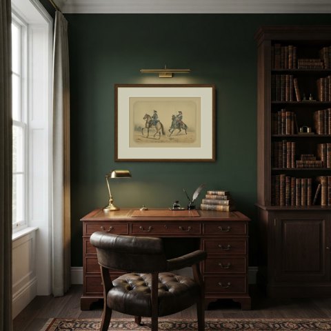 Two Spanish Cavalrymen in Tricorn Hats, Villegas Lithograph, Madrid, 1861, shown framed in a room