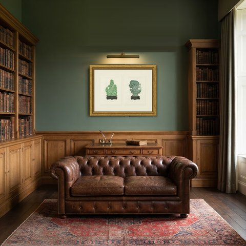 Emerald Green Jade Carvings, Two Chinese Hard Stone Plates, 1911, shown framed in a room