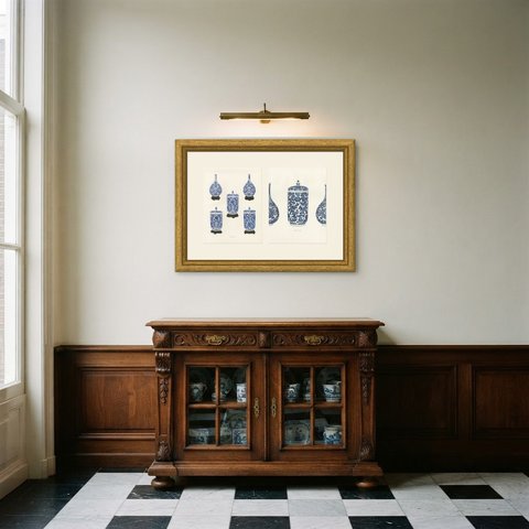 Tiger Lily Jars and Bottles, Two Plates of One Kang-he Group, 1911, shown framed in a room