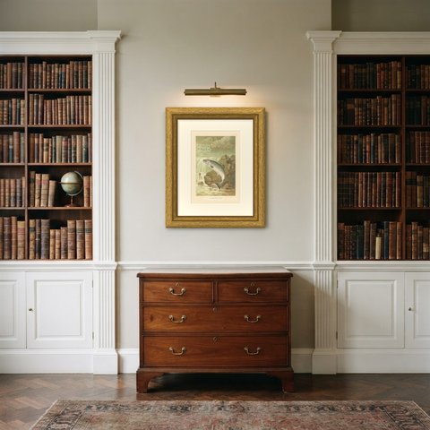 A Salmon Leap, Antique Chromolithograph of a Leaping Salmon, Smit, 1896, shown framed in a room