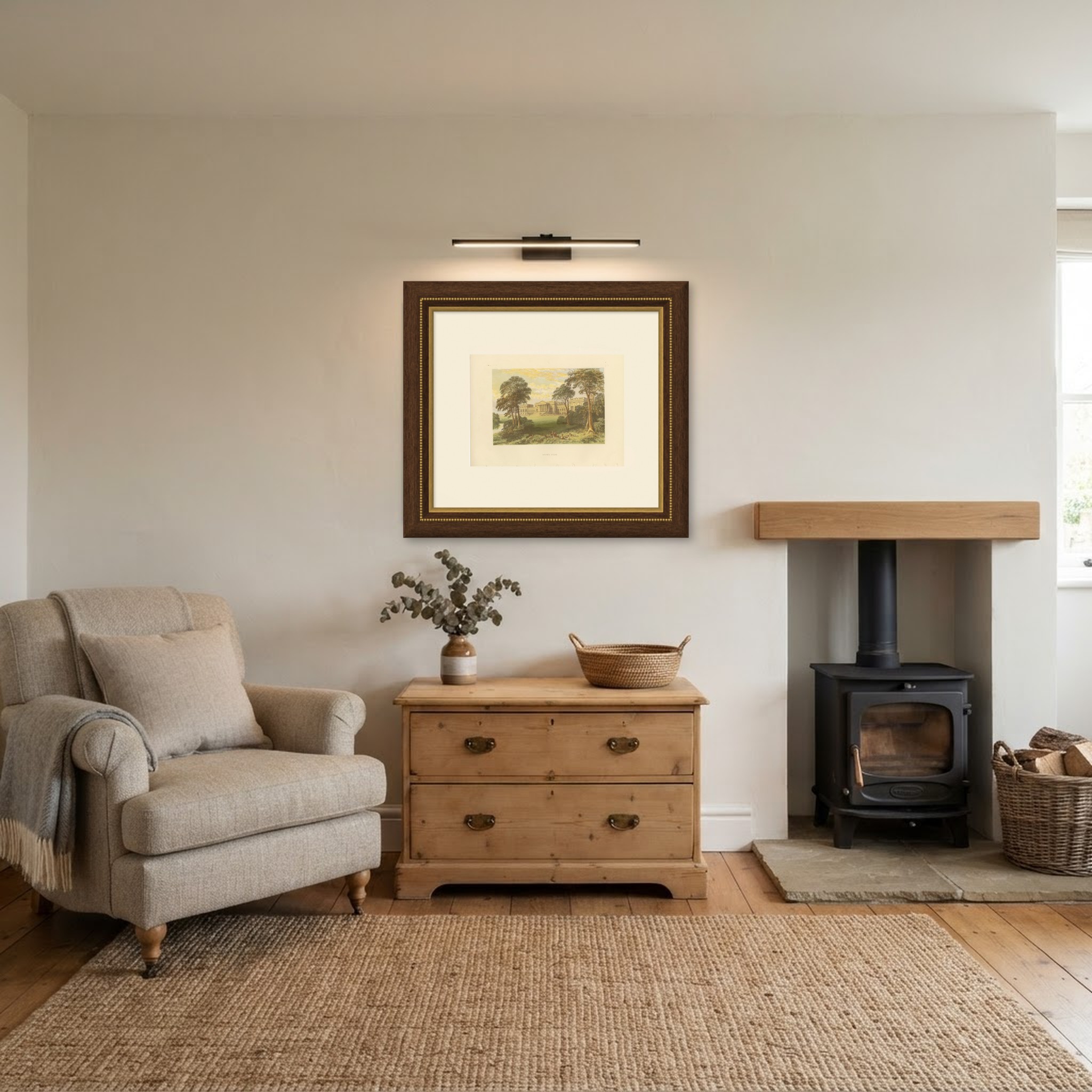 Stowe Park, Buckinghamshire, Antique Morris Woodblock Print, circa 1870, shown framed in a room