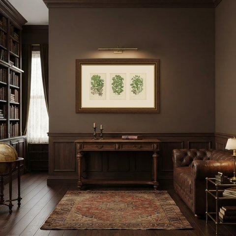 British Spurges, Set of 3 Antique Botanical Plates, circa 1873, shown framed in a room