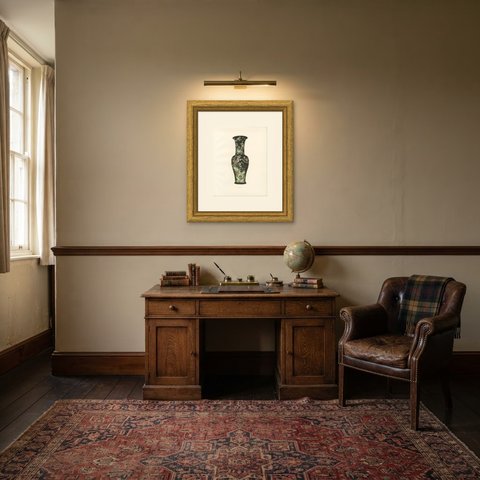 Very Large Famille Noire Beaker Vase with Prunus and Bamboo, Plate 1911, shown framed in a room