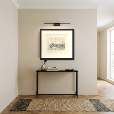 Entry into Syria, Bonaparte Gives Up His Horse, Antique Madou Lithograph, 1827, shown framed in a room