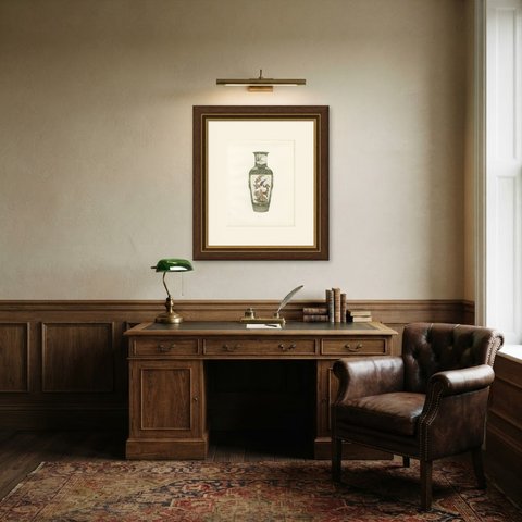 Black Ground Brocade Vase with Bird Panels, Antique Color Plate 1911, shown framed in a room