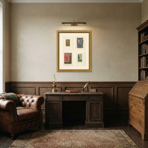 Four Camaieu Miniatures, Book of Hours of Henri II, Antique Prints, 1849, shown framed in a room
