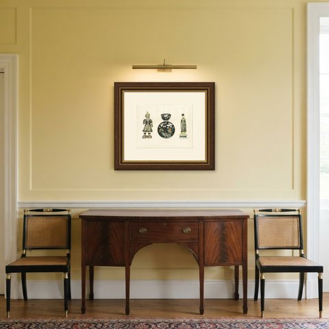 Kuan Ti, Black Ground Cup and Saucer and Court Lady, Gorer Plate 1911, shown framed in a room