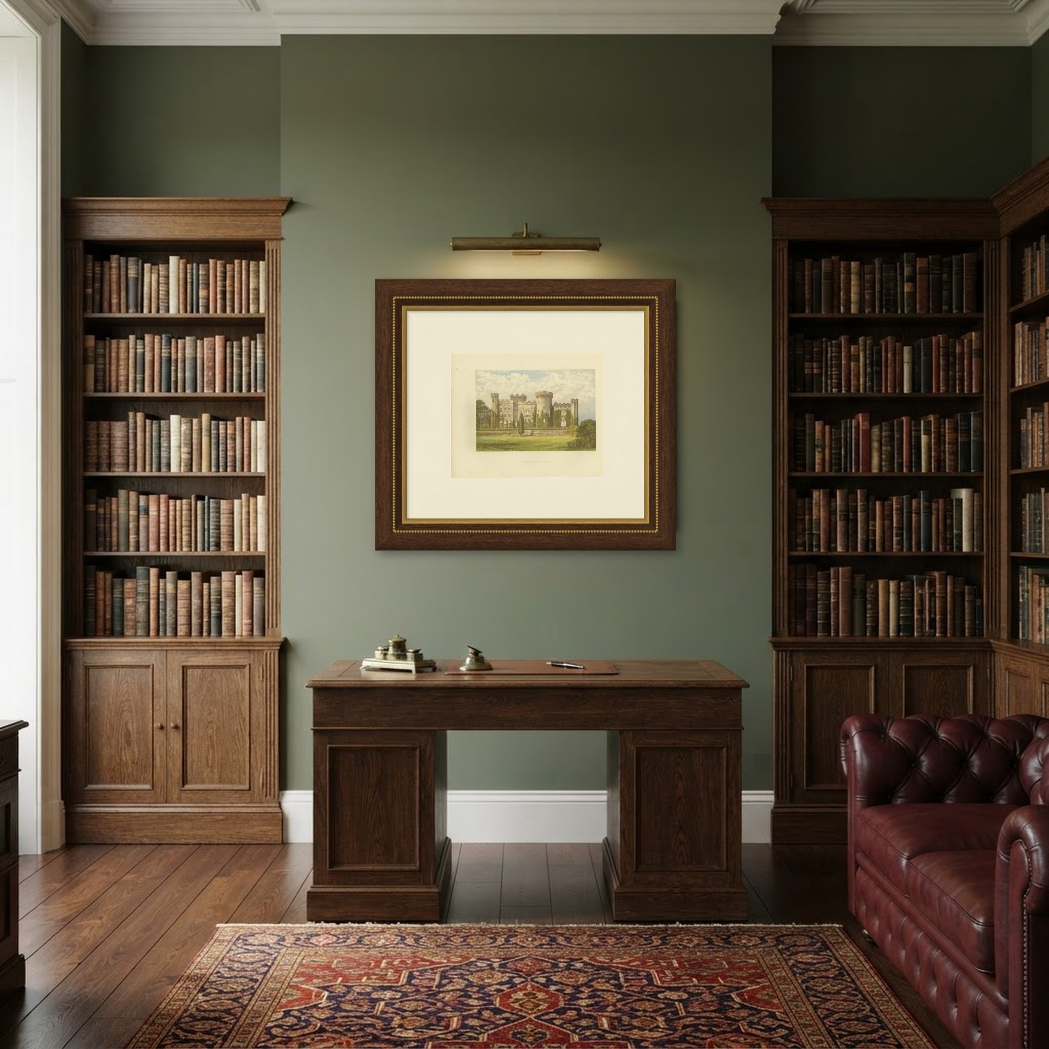 Cholmondeley Castle, Cheshire, Antique Morris Woodblock Print, circa 1870, shown framed in a room