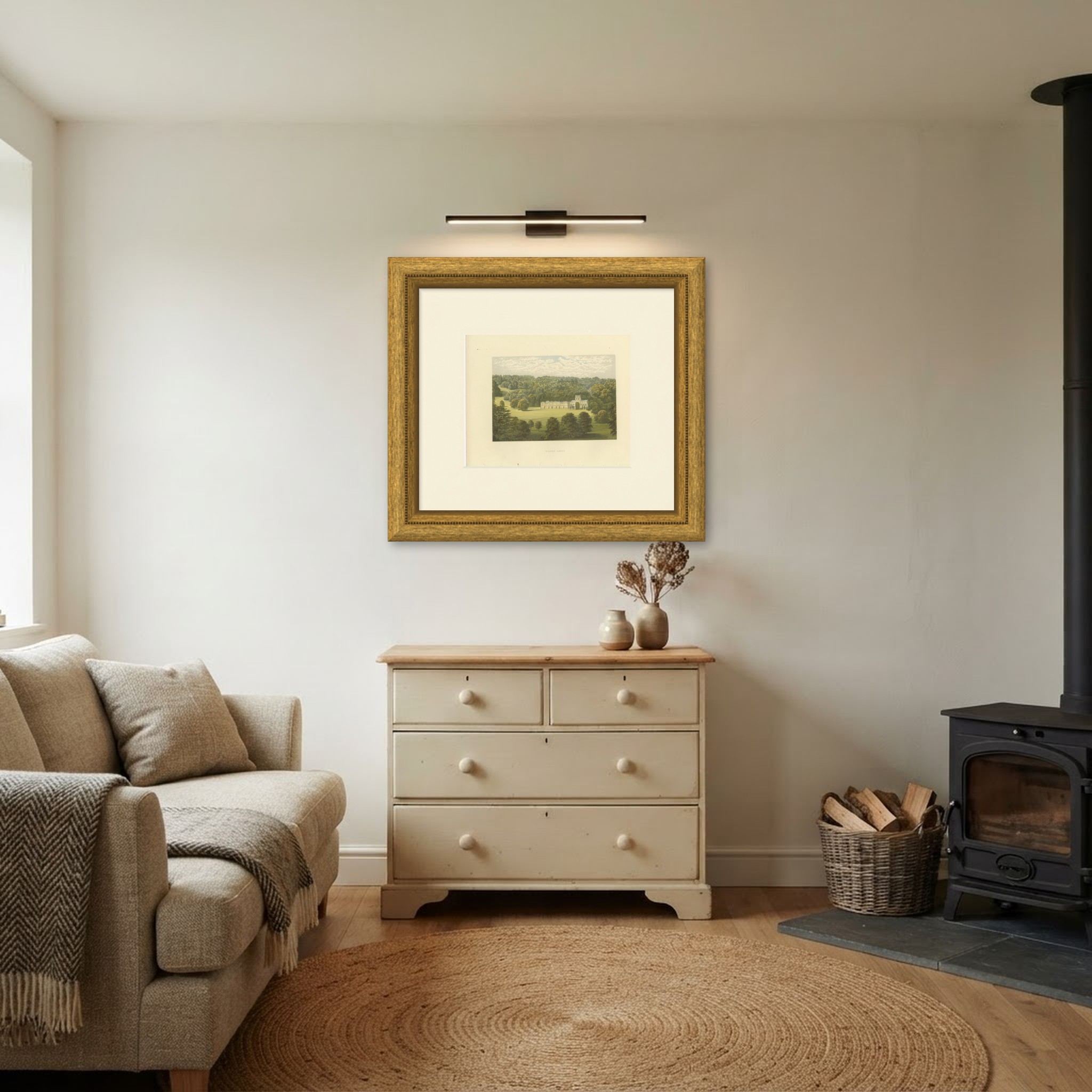 Milton Abbey, Dorset, Antique Morris Woodblock Print, circa 1870, shown framed in a room