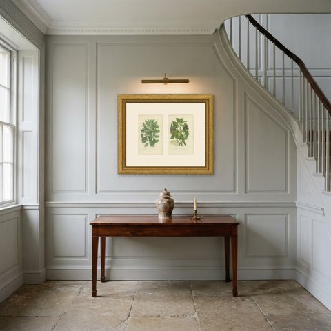 Nettle, Hop and Elm, Set of 2 Antique Botanical Plates, circa 1873, shown framed in a room