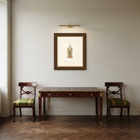 Gorer Plate of Shou Lao, God of Longevity, in Yellow Brocade, 1911, shown framed in a room