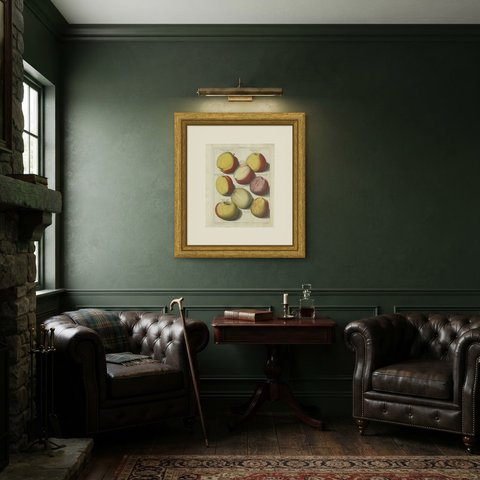 Antique Plate of Gulderling Apples, Soete Kroon, Knoop, 1790, shown framed in a room