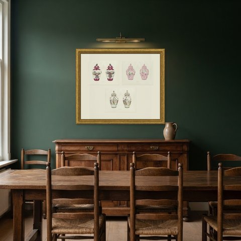 Rose Ground Jars and Covers, Three Yung-ching Color Plates, 1911, shown framed in a room