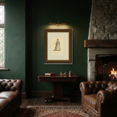 Matron of Meissen in Green Cape and White Apron, Costume of 1577, Jefferys 1757, shown framed in a room