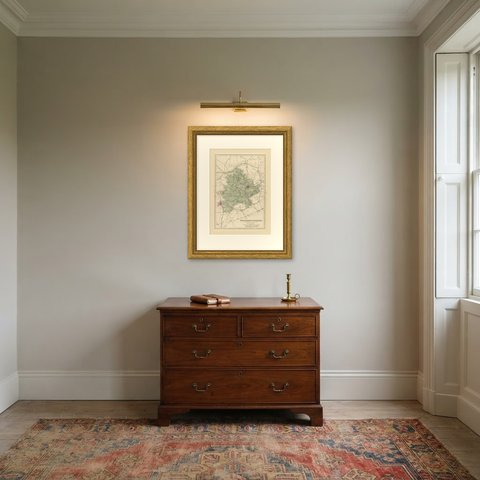 Antique Map of South Northamptonshire and Northampton Town, 1885, shown framed in a room