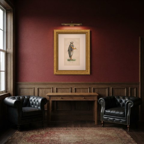 Moorish Merchant of North Africa, Antique Hand-Colored Costume Print, 1854, shown framed in a room