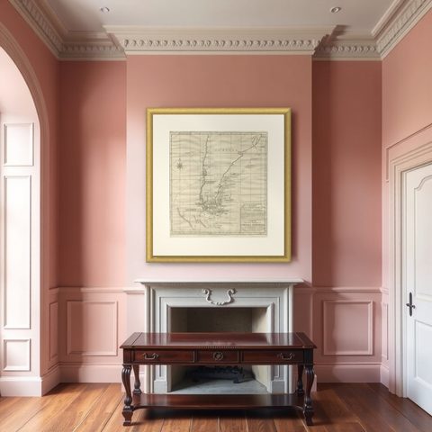 Antique Map of Tracks of Anson's Ships around South America & Cape Horn, 1749, shown framed in a room