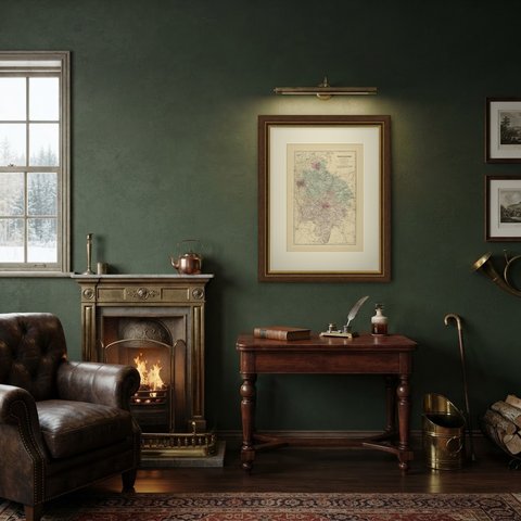Antique Map of Warwickshire with Birmingham, Coventry and Warwick, 1885, shown framed in a room