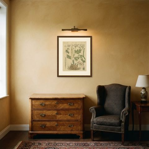 Chervil, Parsley and Celeriac Kitchen Herbs, Antique Bertuch Print, circa 1802, shown framed in a room