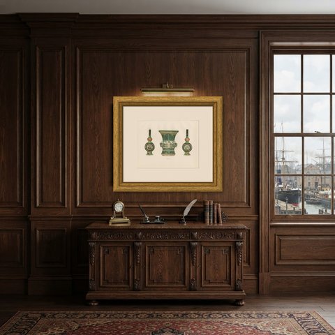 Two Black Sprinklers and a Bronze Form Beaker, Ming, Gorer Plate 1911, shown framed in a room