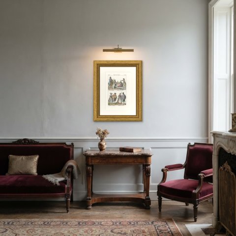 Frisian Fishermen, a Sledge on Ice and Peasants of Schouwen and Walcheren, 1842, shown framed in a room