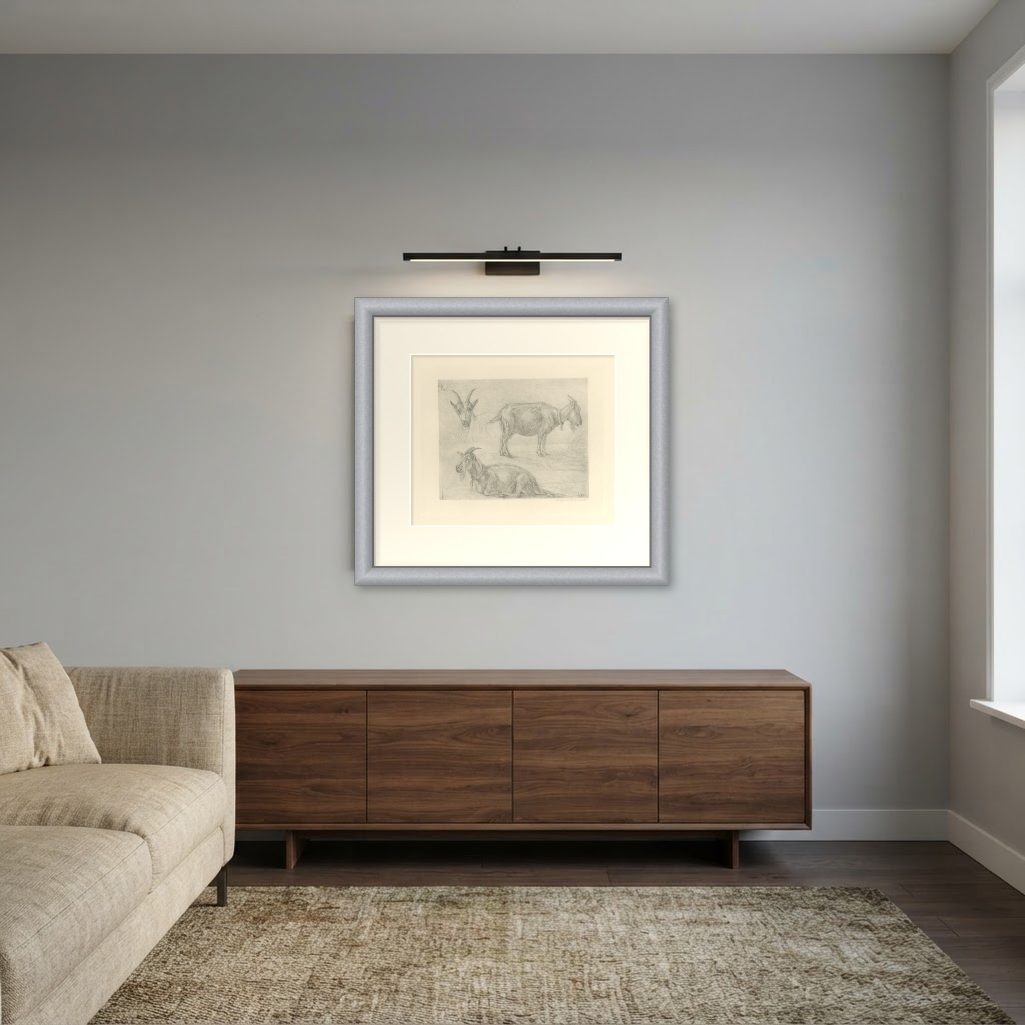 Study of Three Goats, Antique Goupil Photogravure after a Drawing, circa 1880, shown framed in a room