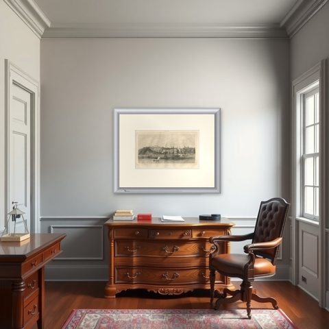 Antique View of Quebec City from the Water, Canadian Harbor Scene, c.1850, shown framed in a room