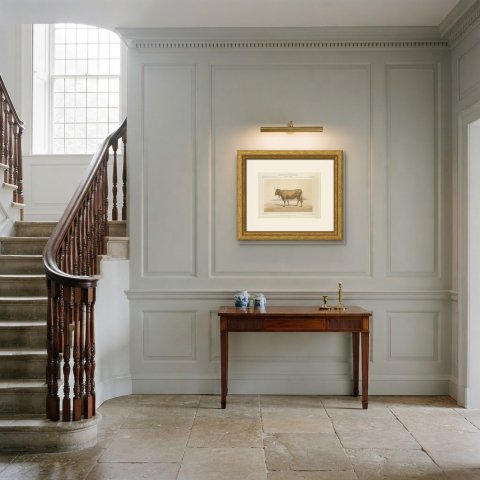 Béarnaise Cow with Bell Collar, French Cattle Chromolithograph, 1863, shown framed in a room