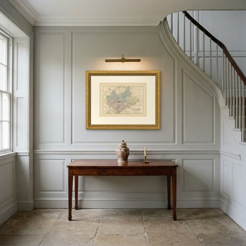 Antique Map of Leicestershire and Rutlandshire with Leicester, 1885, shown framed in a room
