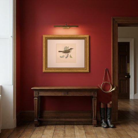 Nightingale Perched among Lobed Leaves, Morris Bird Print, 1896, shown framed in a room
