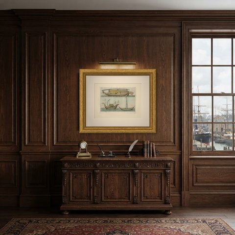 Antique Print of a Chinese Junk and a Dragon Prowed Ceremonial Barge, 1815, shown framed in a room