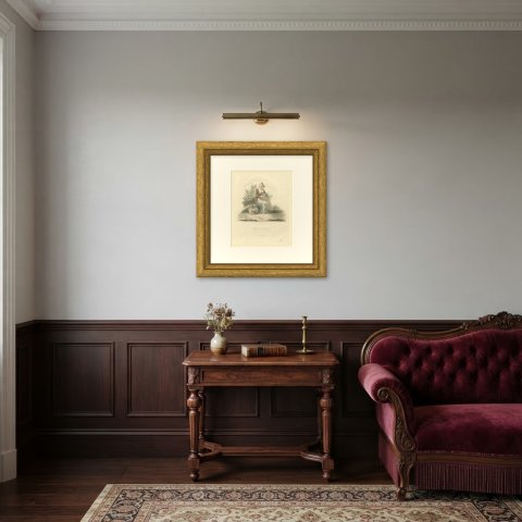 Woman of Brabant Resting with Staff and Bundle, Antique Ackermann Print, 1817, shown framed in a room