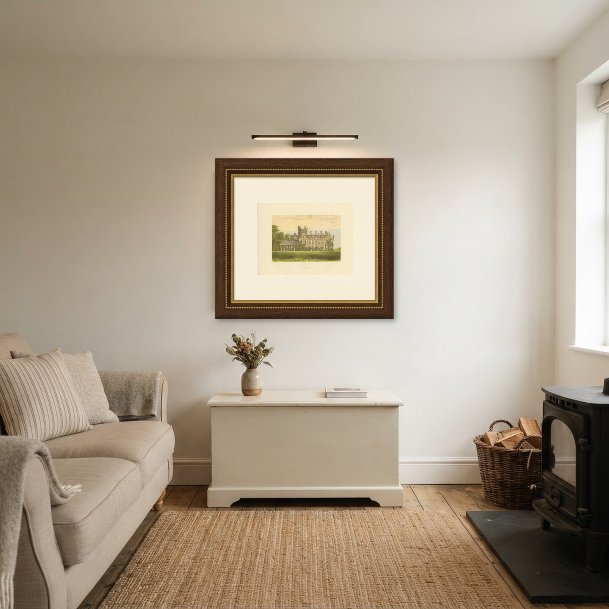 Melbury House, Dorset, Antique Morris Woodblock Print, circa 1870, shown framed in a room