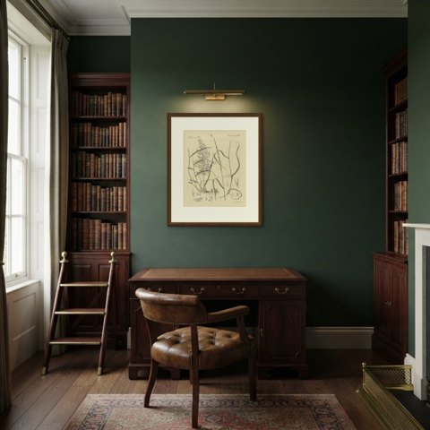 Two Grasses with Flower Details, Antique Bertuch Print, circa 1818, shown framed in a room