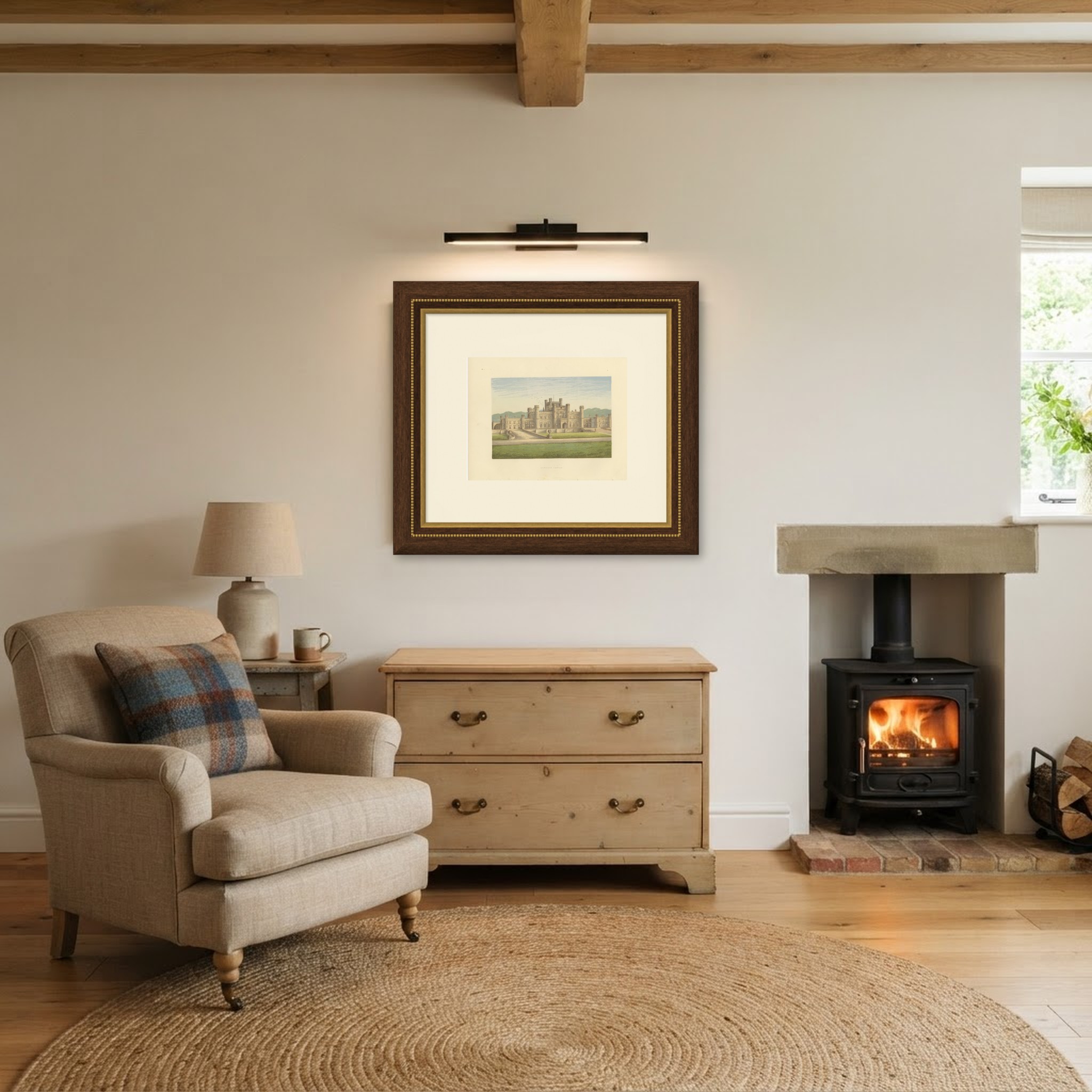 Lowther Castle, Westmorland, Antique Morris Woodblock Print, circa 1870, shown framed in a room