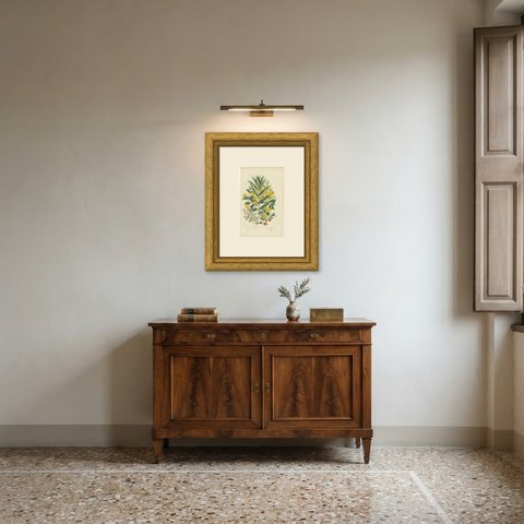 Yellow Loosestrife and Scarlet Pimpernel, Antique Flower Print, circa 1873, shown framed in a room