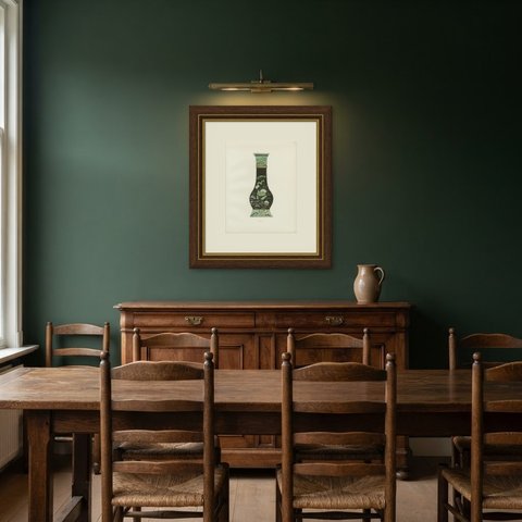 Tall Famille Noire Quadrangular Vase, Four Seasons, Gorer Plate 1911, shown framed in a room