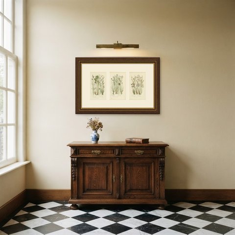 British Rushes, Set of 3 Antique Botanical Plates, circa 1873, shown framed in a room