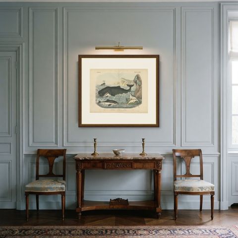 Antique Sperm Whale Print with Porpoise and Seals, Kolb Mammals, circa 1890, shown framed in a room
