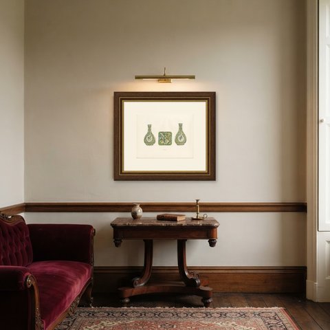 Pair of Famille Verte Bottles and a Tabaret, Antique Color Plate, 1911, shown framed in a room