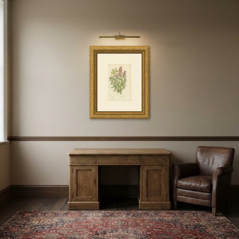 Crested Cow Wheat and Lousewort, Antique Crimson Botanical Plate, circa 1873, shown framed in a room
