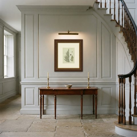 Elegant Antique Hand-Colored Botanical Fern Print, Aspidium alpestre, 1806-1809, shown framed in a room