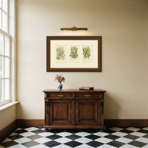 Dwarf Willows and Common Osier, Set of 3 Antique Botanical Plates, circa 1873, shown framed in a room