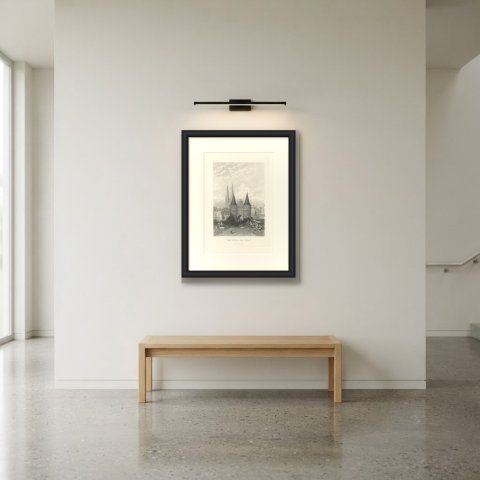 The Holstein Gate, Lubeck, Antique Steel Engraving after Carl Werner, circa 1877, shown framed in a room