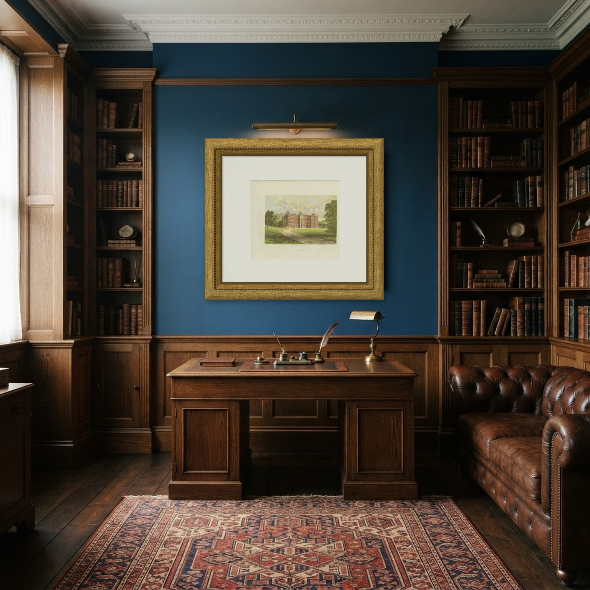 Beaudesert, Staffordshire, Antique Morris Woodblock Print, circa 1870, shown framed in a room