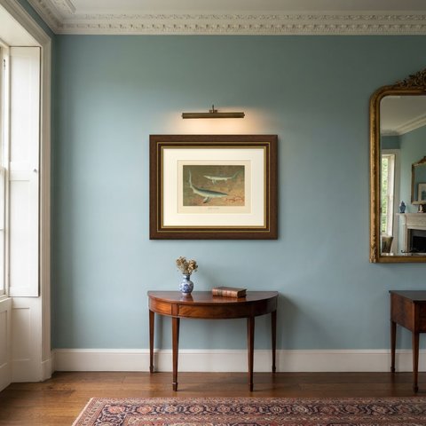 Blue Shark, Antique Chromolithograph after P. J. Smit, 1896, shown framed in a room