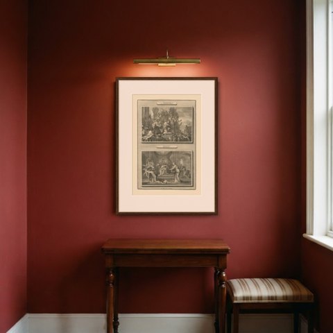 Solomon Anointed King and the Judgment of Solomon, Pieter Mortier, circa 1700, shown framed in a room